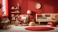 a baby's room with red walls and furniture Bohemian interior Nursery with Deep Red color theme