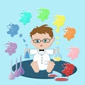 Baby scientist sitting and holding flasks with solutions that form rainbow