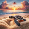 A baby sea turtle on the beach at sunset