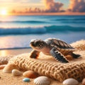 Baby Sea Turtle on Sandy Beach at Sunset Royalty Free Stock Photo