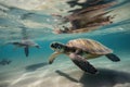 baby sea turtle swimming in the ocean, with its parent nearby Royalty Free Stock Photo