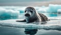 Baby seal floating on melting ice sheet, global warming and climate change concept, generative ai