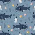 Baby seamless pattern background cartoon animals marine life with sharks and octopus hand drawn design in cartoon style Used for Royalty Free Stock Photo