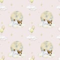 Baby seamless pattern on a beige background. Baby bear sleeping on a cloud. Boy. Watercolor background.