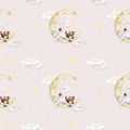 Baby seamless pattern on a beige background. Baby bear sleeping on a cloud. Girl. Watercolor background.