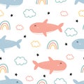 Baby seamless pattern Cartoon animals background shark with clouds and rainbow. Hand-drawn design in cartoon style Used for