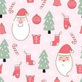 Baby seamless pattern Christmas background Santa Claus and Christmas tree. Hand drawn design in cartoon style. Use for prints, Royalty Free Stock Photo