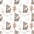 Baby seamless pattern with Cute Fox . Trees, vegetation and Doodle elements. Childish Hand drawn vector background . Royalty Free Stock Photo