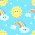 Baby seamless pattern with cute sun, rainbow and clouds. Cartoon blue sky. Children`s background. Royalty Free Stock Photo