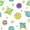 Baby seamless pattern. Different multicolored cartoon planets and stars in space. Vector Cosmic background and texture