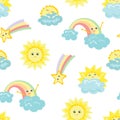 Baby seamless pattern. Funny cartoon sun, rainbow, smiling clouds and stars. Royalty Free Stock Photo