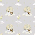 Baby seamless pattern on a gray background. Baby bear sleeping on a cloud. Boy. Watercolor background.