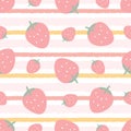 Baby seamless pattern pink strawberries on striped background Cute design, cartoon style. For children\'s clothing, wallpaper