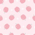 Baby seamless pattern red apple fruit background with flowers on pink background hand drawn design in cartoon style Used for