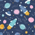 Baby seamless pattern space background with planets on a dark blue background hand drawn style cartoon