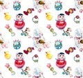 Baby seamless pattern. Toys and objects of care. Watercolor hand painted illustration