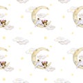 Baby seamless pattern on a white background. Baby bear sleeping on a cloud. Girl. Watercolor background.