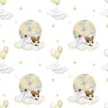 Baby seamless pattern on a white background. Baby bear sleeping on a cloud. Boy. Watercolor background.