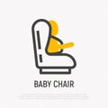 Baby seat for car: child is fastened by seat belts. Thin line icon. Modern vector illustration