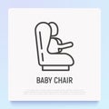 Baby seat for car: child is fastened by seat belts. Thin line icon. Modern vector illustration