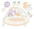 Baby set. Kids` things for newborn. toys, clothes and baby cocoon. kids bed, rubber duck, pacifier, booties, soap, dummy