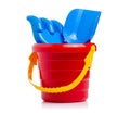 Baby set red sandbox bucket shovel rake toy Royalty Free Stock Photo