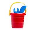 Baby set red sandbox bucket shovel rake toy Royalty Free Stock Photo