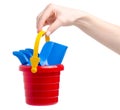 Baby set red sandbox bucket shovel rake toy in hand Royalty Free Stock Photo