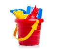 Baby set red sandbox bucket shovel rake toy Royalty Free Stock Photo