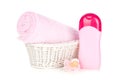 Baby shampoo, pacifier and towel for girl Royalty Free Stock Photo