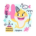 Baby Shark Birthday cute vector marine colorful illustration with number four, fish, wave, algae, star, bubble, cake for Royalty Free Stock Photo
