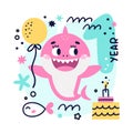 Baby Shark Birthday cute vector marine colorful illustration with number one, fish, wave, algae, star, bubble, cake for Royalty Free Stock Photo