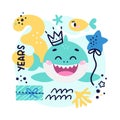Baby Shark Birthday cute vector marine colorful illustration with number three, fish, wave, algae, star, bubble, gift Royalty Free Stock Photo