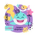 Baby Shark Birthday cute vector marine colorful illustration with number three, fish, wave, algae, star, bubble, gift