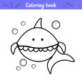 Baby shark and bubbles. Page for coloring. Simple coloring for preschoolers. Thick outline. Cartoon fish character. Nautical card Royalty Free Stock Photo