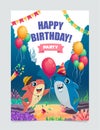 Birthday Party Poster Template Cute Stylized Baby Sharks Balloon