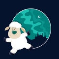 Baby Sheep for Eid-Al-Adha Mubarak. Funny Baby Sheep dancing in front of Mosque, Vector frame with Desert night background for Royalty Free Stock Photo