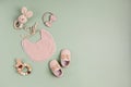 Baby shoes and teethers. Organic newborn accessories, branding, small business idea Royalty Free Stock Photo