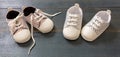 Baby shoes on blue wooden floor color background Royalty Free Stock Photo