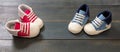 Baby shoes on blue wooden floor color background Royalty Free Stock Photo