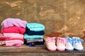 Baby shoes, clothing and pacifiers pink and blue Royalty Free Stock Photo