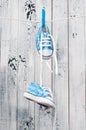 Baby shoes hanging on the clothesline. Royalty Free Stock Photo