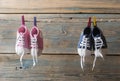 Baby shoes hanging on the clothesline. Royalty Free Stock Photo