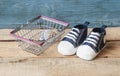 Baby shoes and shopping basket Royalty Free Stock Photo