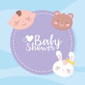 Baby shower, adorable boy bear rabbit faces welcome newborn celebration label Royalty Free Stock Photo