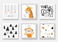 Baby shower animals including giraffe, monkey. Card, postcards with stars, forest, trees, mountains, abstract elements Royalty Free Stock Photo