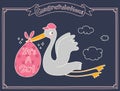 It`s A Girl Stork Special Delivery. Baby Shower Announcement Card. Vector Illustration. Royalty Free Stock Photo