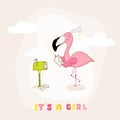 Baby Shower or Arrival Card - Baby Flamingo Girl Sending Mail