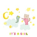 Baby Shower or Arrival Card - Baby Girl Cat Catching Stars