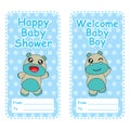 Baby shower banner with vector cartoon of cute baby hippo on blue polka dot background suitable for baby shower card Royalty Free Stock Photo